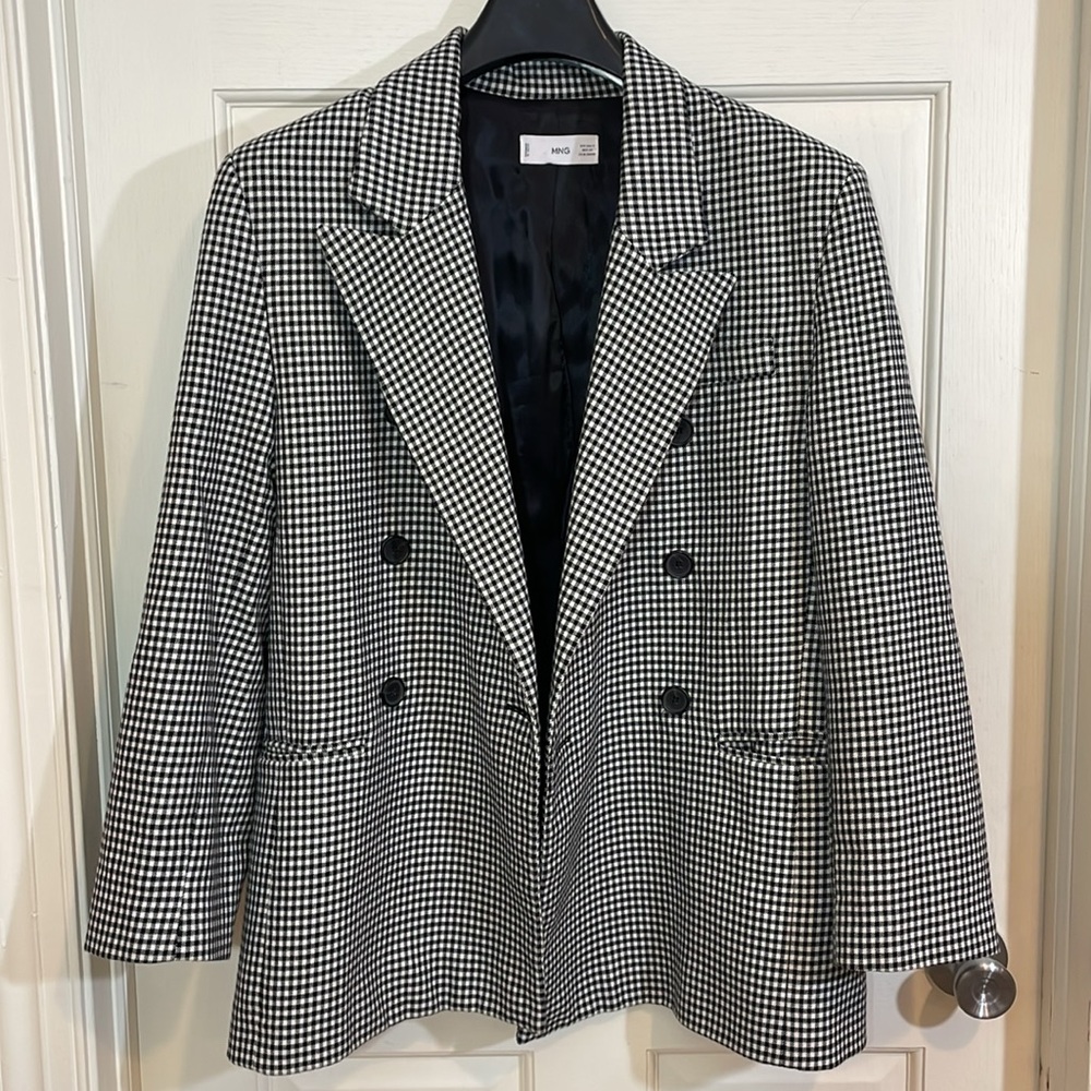 Mango MNG Houndstooth Check Print Double-Breasted Blazer Size S in Black&White - Picture 2 of 4
